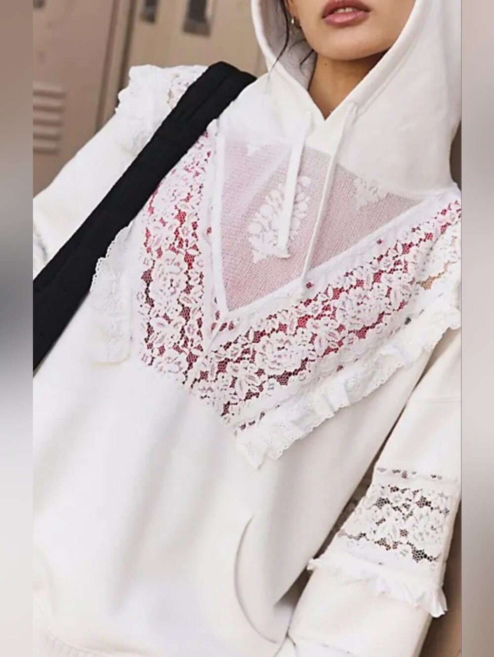 New Free People Movement Sweatshirt Hooded With Lace Detailing - Picture 4 of 12